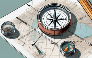 A compass surrounded by various incomplete or insufficient items such as a half-filled glass