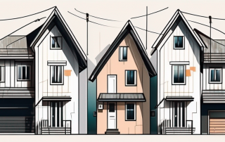 A two-family house with visible price tags hanging from the roof