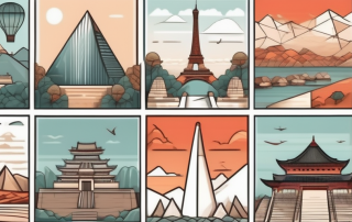 A diverse landscape featuring elements from various countries such as the eiffel tower