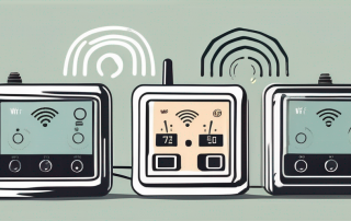 Several different types of thermostats connected to a symbolic wifi signal