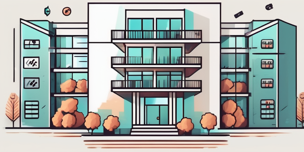 A modern apartment with a "for sale" sign in front