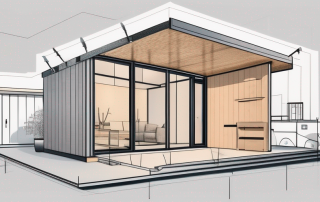 A completed prefab house with a large key inserted into the front door