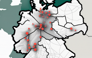Germany's map highlighted with various energy resources like wind turbines