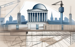 A construction site with architectural blueprints and a stamp of approval