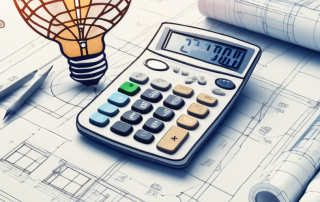 A calculator sitting on a blueprint of a house