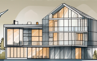 A european building with various energy-saving features like solar panels