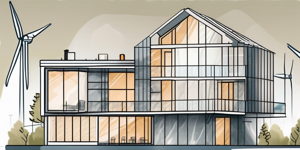 A european building with various energy-saving features like solar panels