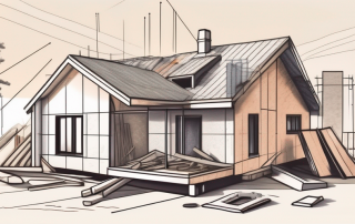 A partially constructed house with various building materials scattered around