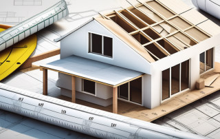 A house under construction with architectural plans and various building materials scattered around