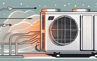 An air heat pump with visible arrows indicating the flow of warm air
