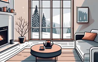 A cozy living room with a visible thermostat set at an optimal temperature