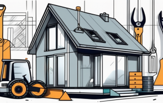 A modern prefabricated house with a price tag hanging from it