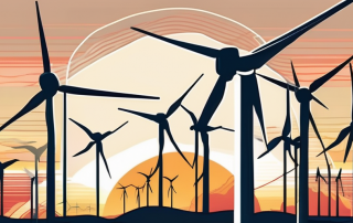 A vast landscape dotted with towering wind turbines