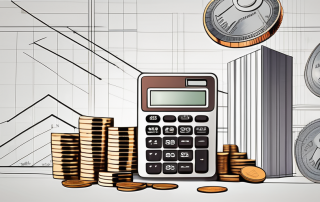 An architectural blueprint with a calculator and coins next to it