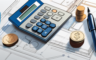 A blueprint of a house with a calculator