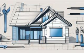 A blueprint featuring a building under construction with various renovation tools scattered around
