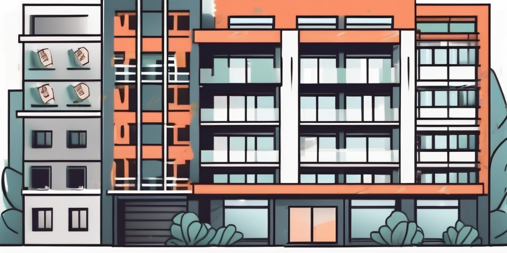 A modern apartment building with a 'for sale' sign in front