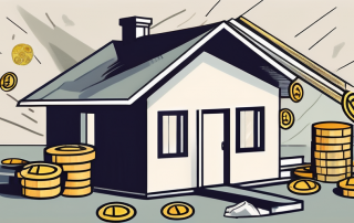 A house under construction with various symbols of money (like coins or banknotes) falling into a hidden pit