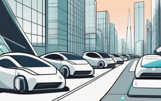 A futuristic cityscape with sleek electric cars on the roads