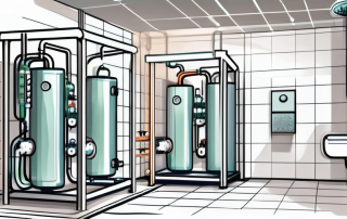 A modern shower system with visible pipes and components