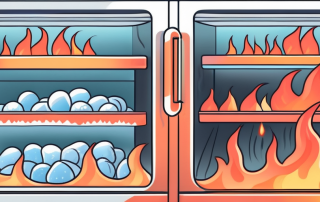 A frost-covered freezer with visible ice chunks on the shelves