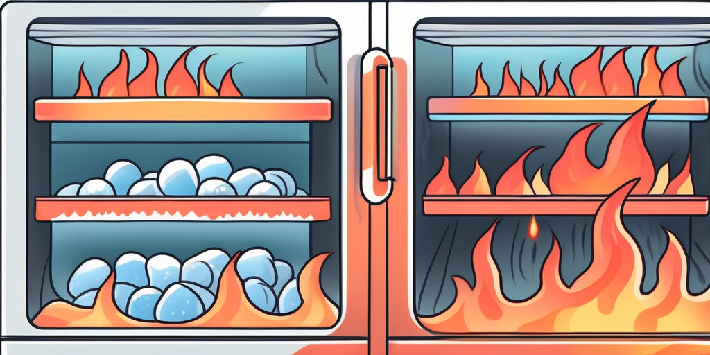 A frost-covered freezer with visible ice chunks on the shelves