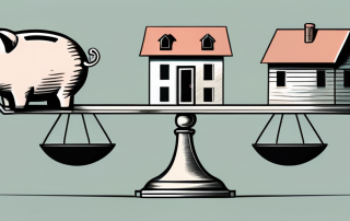 A balanced scale with a house on one side and a piggy bank on the other