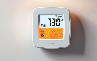 A modern smart home thermostat on a wall