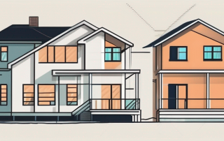 A half-constructed house on one side and a fully built house with a 'for sale' sign on the other