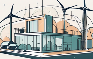 A building undergoing energy-efficient renovations with various symbols like wind turbines