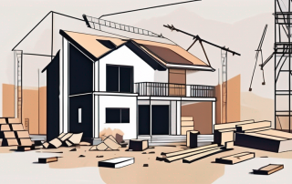 A house under construction with various building materials scattered around