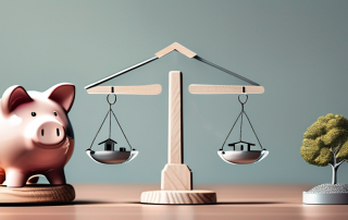 A scale balancing a house and a piggy bank