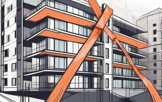 A residential building under construction with a ribbon across it