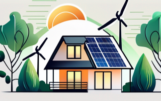 A german-style house with solar panels on the roof and wind turbines in the background