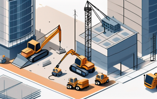 A construction site with various elements like cranes