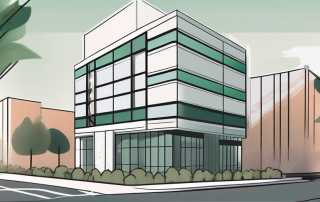 A newly constructed building with a 'for rent' sign in front