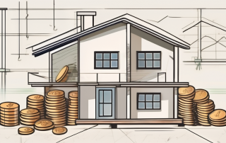 A house under construction with various symbols of money (such as coins