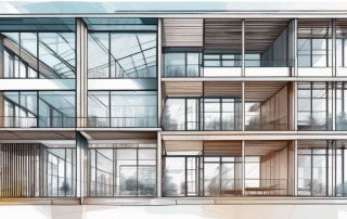 A complex building blueprint with various energy-efficient features highlighted