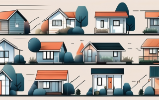 A variety of different styled prefab houses with price tags hanging from them