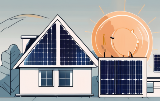 A house with solar panels on the roof and a riester pension piggy bank beside it