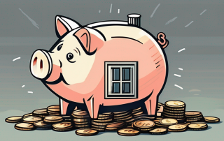 A piggy bank with a house shape sitting on a pile of coins