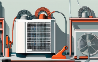 A wärmepumpe (heat pump) with various tools like a wrench and screwdriver nearby