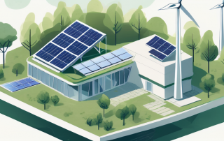 A sustainable building surrounded by greenery