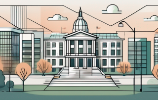 A city hall standing tall with various elements like parks
