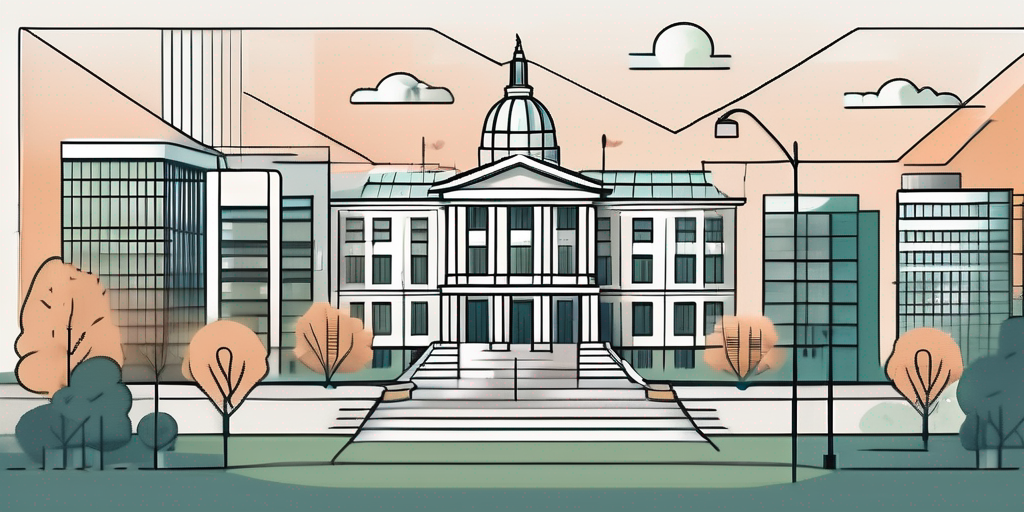 A city hall standing tall with various elements like parks
