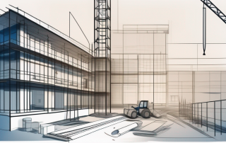 A construction site with various elements like blueprints