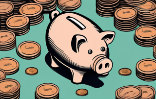 A piggy bank with a house shape sitting on a pile of coins