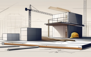 A construction site with various building materials and a blueprint