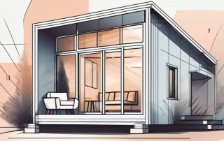 A modern prefabricated house with a price tag hanging from it