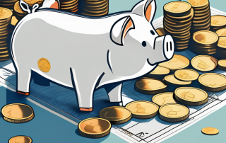 A piggy bank sitting on blueprints for a house